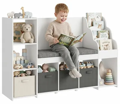 Immagine prodotto di AIYAPLAY Scaffale Portagiochi per Bambini 3-8 Anni con Libreria a 3 Livelli, 3 Cassetti, 4 Scomparti, Cuscino, Bianco