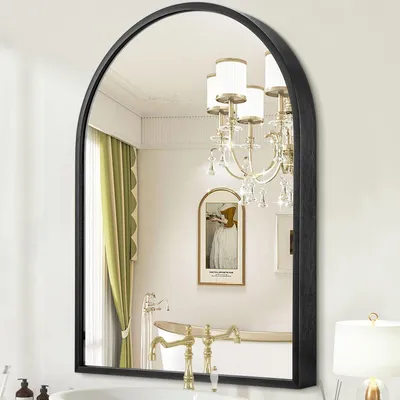 Productafbeelding van Spiegel voor aan de muur, boogvormig, 70 x 50 cm, zwart, metalen frame, geschikt voor badkamer, slaapkamer en woonkamer