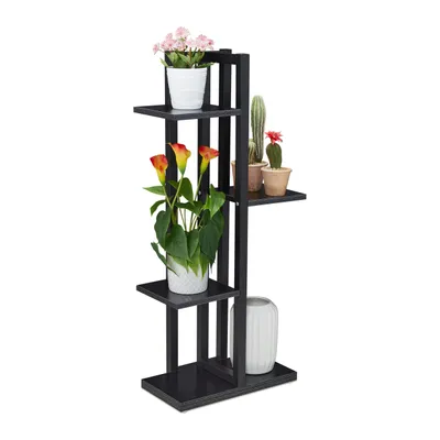 Obrázok produktu pre Relaxdays Kovový regál na kvety, 4-stupňový interiérový rebrík na kvety, vzhľad dreva, rozmery: 93 x 42,5 x 22,5 cm, regál na rastliny, čierny