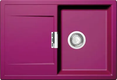 A top-down view of a purple kitchen sink with a drainer and a silver drain cover.