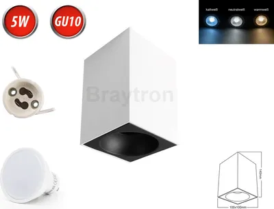 Produktbild von Deckenleuchte BETA-SS Aufbaustrahler Lampe Ø100mm Aufputz Leuchte Strahler mit GU10 5W Kaltweiß LED Leuchtmittel Eckig Weiß/Schwarz