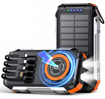 Image de Batterie externe Solarakku 30000mAh Linomag®, charge rapide PD 22,5W, charge sans fil 15W, panneau solaire, 4 câbles intégrés, 3 ports, double lampe de poche LED, couleur orange