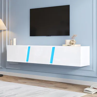 Produktbild von 180 x 35 x 30 cm, wandmontierter TV-Schrank, Lowboard TV-Schrank mit LED-Leuchten, TV-Ständer mit 3 Schranktüren, geeignet für 75-Zoll-Fernseher, TV-Schrank Fernsehschrank Hochglanz, Weiß