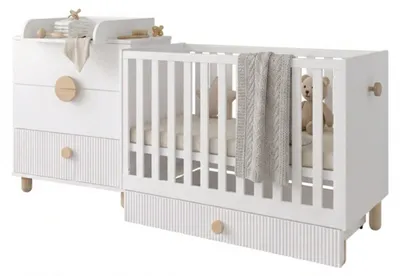 Produktbild von LOFT Babyzimmer-Set Weiß  120x60 cm Babybett 2in1mit Bettschublade, Wickelkommode, Wickelaufsatz & Umbauseite