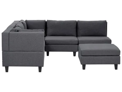 Produktbild von BELIANI 5-Sitzer Ecksofa Rechtsseitig Dunkelgrau Stoffbezug mit Ottomane Kissen Schwarze Beine Modular Modern Modulsofa Wohnlandschaft Wohnzimmer