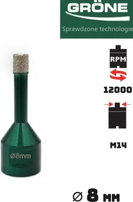 Zdjęcie produktu dla Wiertło diamentowe Gröne 8 mm / M14, otwornica diamentowa, wiertło diamentowe, wiertło rdzeniowe, wiertło rdzeniowe, wiertło rdzeniowe, wiertło otworowe