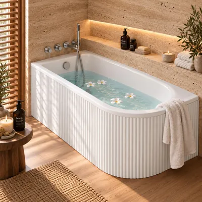 Produktbild von AQUA for you | Badewanne - Besco Jollin - asymmetrische Eckbadewanne - 160x75 cm - links - Weiß - mit geriffelter Acrylschürze, Badewannenverkleidung