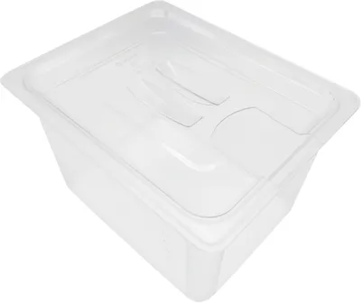 A clear plastic food storage container with a lid.