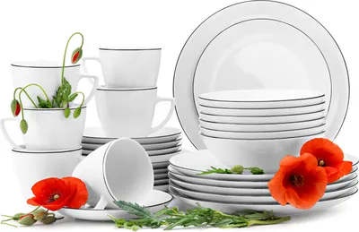 Obrázek produktu pro Konsimo jídelní a kávová souprava pro 6 osob (30 ks) "BOSS", bílá, porcelán, elegantní, 20,5/18/27/17,5 cm | 350 ml