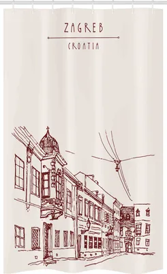Obrázok produktu pre ABAKUHAUS Chorvátsko Úzka sprchová záves, Vintage ručne maľovaná Záhreb, Kúpeľňová dekorácia Sada z látky s háčikmi, 120 x 180 cm, slonová kosť a bordová