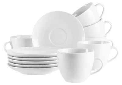 Kaffeeobertassen-Set, 6 Tassen 230 ml mit Untertassen, Porzellan, weiß