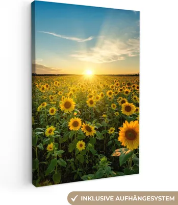 Produktbild von MuchoWow® - Leinwandbilder - Sonnenuntergang - Blumen - Sonnenblume - Horizont - Landschaft, Wandbild, Wanddeko Bilder Wohnzimmer, 20x30 cm