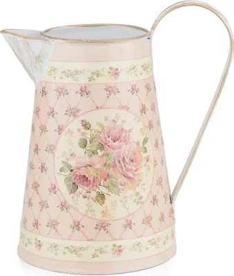 Produktbild von Deko Blech Kanne Motiv Blüten Metall blumenvase mit Griff und Ausgießer Vintage Retro Dekoration Shabby