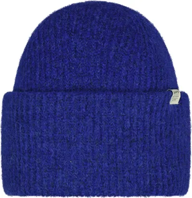 A close-up studio shot of a blue beanie.