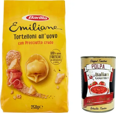 Produktbild von 12x Barilla Pasta all' Uovo Le Emiliane Tortelloni con Prosciutto Crudo, Eiernudeln, Pasta mit Ei 250g + Italian Gourmet polpa 400g