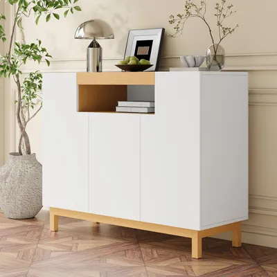 Produktbild von Merax Sideboard mit 3 Türen und 1 offenes Fach, Kommode in Holzoptik, Multifunktionales Aufbewahrungsmöbel aus hochwertigen Spanplatten, Weiß