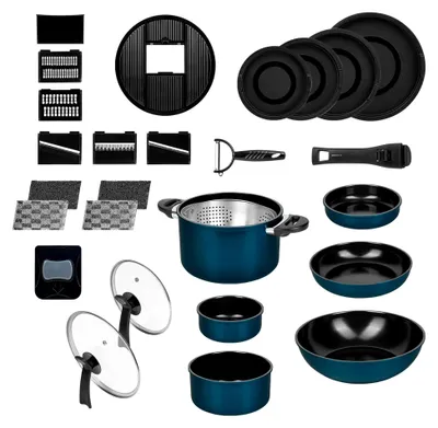 Produktbild von Kelton Pfannenset 31-teilig, Kochgeschirr mit Deckel und abnehmbaren Griffen, inklusive Clia Genie Schaum-Schwämme, antihaftbeschichtete Pfannen und Töpfe mit Gemüseschneider, backofenfest