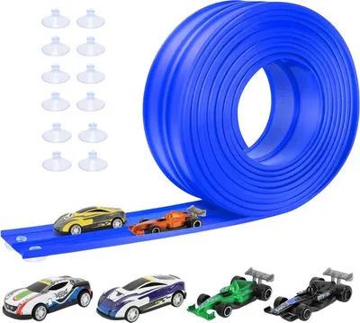 A toy race track set with cars and accessories.