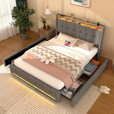 Obrázok produktu pre Manželská posteľ s rámom – 140x200 cm – s 4 zásuvkami a LED podhlavím s RGB osvetlením a nabíjacou stanicou
