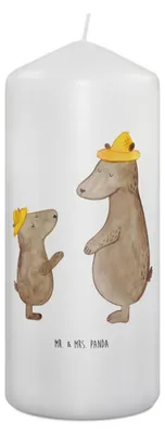 Produktbild von Mr. & Mrs. Panda Kerze Bären mit Hut 19 x 8 cm - Weiß - Geschenk, Erinnerungslicht, Vatertag, Erinnerungskerze, Muttertag, Blockkerze, Stumpenkerze, Papa, Familie