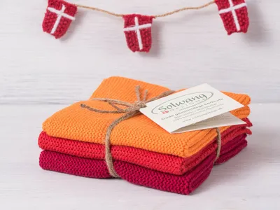 Produktbild von Solwang Wischtuch ORANGE ROT DUNKELROT KOMBI gestrickt 3er Set Küchentuch Lappen