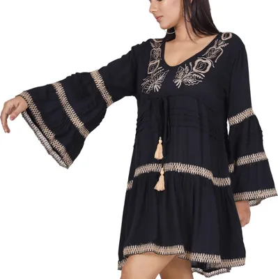 Produktbild von Boho Krinkelbluse, Bestickte Hippie Tunika - Schwarz, Damen, Viskose, Größe: M