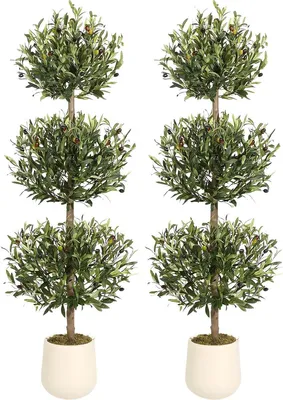 Produktbild von Künstlicher Olivenbaum 150 cm - 3-Ball Topiary Kunstpflanze mit Oliven - Realistisch mit weißem Topf für Innen & Außen