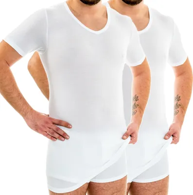 Produktbild von HERMKO 164887 2er Pack Extralanges Herren Shirt mit V-Ausschnitt aus Baumwolle / Modal (+10 cm) Unterhemd, Größe:D 8 = EU XXL, Farbe:weiß