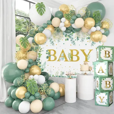 Produktbild von Ballonset 125-teilig, Salbeigrün und Gold, mit Hintergrund, für Gender Reveal