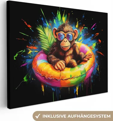 Produktbild von MuchoWow® - Leinwandbilder - Graffiti - Sommer - Affe - Tier, Wandbild, Wanddeko Bilder Wohnzimmer, 80x60 cm
