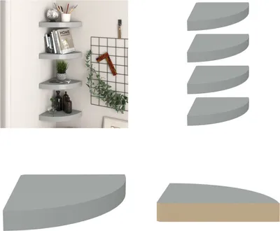 Zdjęcie produktu dla vidaXL Narożne półki pływające 4 szt. Szary 25x25x3,8 cm MDF - Półka ścienna - Półki ścienne - Pływająca półka ścienna - Pływająca półka ścienna