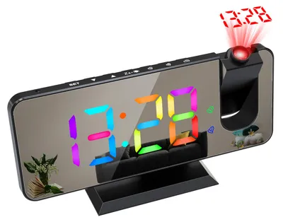 Obrázok produktu pre Digitálny budík s 180° projekciou, dynamickým nastavením jasu RGB, nastaviteľnou funkciou odloženia budenia, dvoma nastaveniami budenia, USB portom na nabíjanie, zrkadlovým ciferníkom do spálne, 12/24-hodinovým formátom
