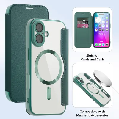 Immagine prodotto di Custodia per iPhone 17 compatibile con MagSafe, custodia trasparente con portacarte, custodia in pelle con protezione della fotocamera verde