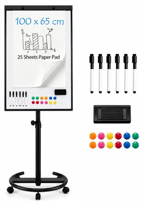 Imagen del producto de COSTWAY: Pizarra móvil tipo flipchart de 100x65 cm con soporte y ruedas, pizarra blanca con altura ajustable de 149 a 196 cm, superficie magnética con brazos laterales, incluye kit de accesorios