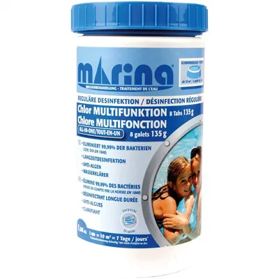 A container of pool cleaning tablets with a family in the background.