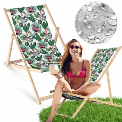 Produktbild von Liegestuhl klappbar aus Holz mit Zebra- und Flamingo-Motiv – Klappstuhl Klappliege Sonnenstuhl Strandstuhl Gartenliege