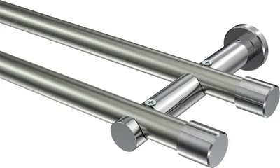 Produktbild von Interdeco Gardinenstange / Vorhangstange Edelstahl-Optik / Chrom, Typ Platon Santo (Kappe) ohne Ringe, 20 mm Ø 2-läufig, 200 cm