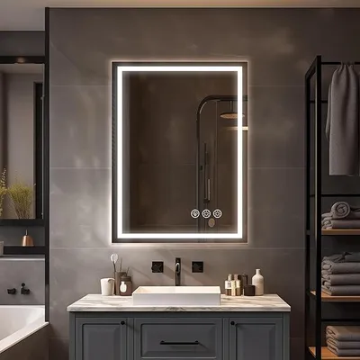 Obrázok produktu pre Zrkadlo s LED osvetlením, 60x80 cm, s podsvietením | Nástenné zrkadlo s predným osvetlením, funkciou proti zamlžovaniu, s možnosťou stmievania a s 3 nastaviteľnými farbami svetla