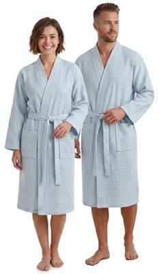 Produktbild von NYVI Bademantel NYVISpa Waffelpique - Uni Saunamantel für Damen & Herren - luftig leichter & atmungsaktiver Morgenmantel aus 100% Baumwolle - Saugfähig & Schnelltrocknend - S Hellblau