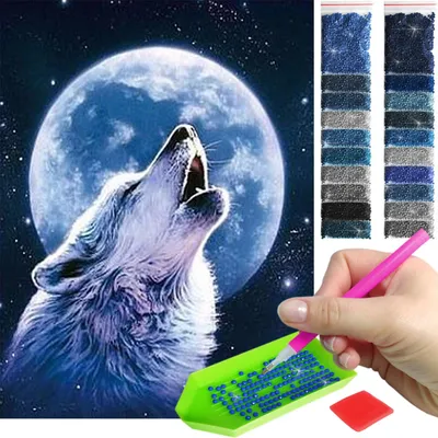 Produktbild von ARTULIO - Diamond Painting Set - Heulender Wolf vor dem Mond - 40 x 30 cm - 5D Diamant Painting, Crystal Art, Komplettset Mosaik + Zubehör