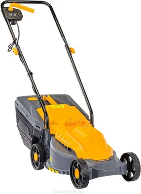 A studio shot of a yellow and gray electric lawnmower against a white background.