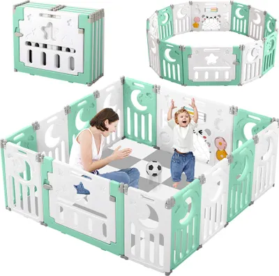Produktbild von Dripex Laufgitter Laufstall Baby Absperrgitter 14-Paneele Schutzgitter Krabbelgitter für Kinder aus Kunststoff mit Tür und Spielzeugboard Grün-Weiß