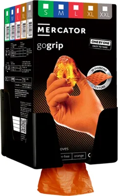 Immagine prodotto di Guanti monouso in nitrile, extra resistenti, no polvere, no lattice, per meccanici, tatuatori, ristorazione, guanti da lavoro professionali, arancioni taglia L,Premium Mercator GoGrip One by One,set 100 pezzi