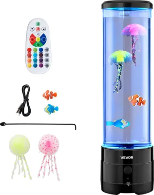 A jellyfish lava lamp with accessories and a remote control, displayed on a white background.
