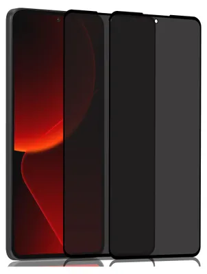 A product shot of three privacy screen protectors for a smartphone, with one showing a red gradient background.
