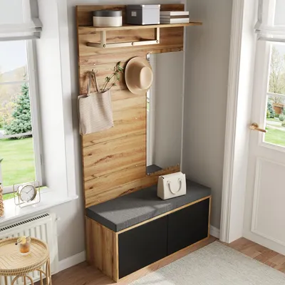 Image de OKWISH Vestiaire d’Entrée - Meuble d’Entrée avec Miroir, Crochets et Banc Rembourré - Panneaux de Particules et MDF - 100x38x190 cm - Noir/Bois Naturel