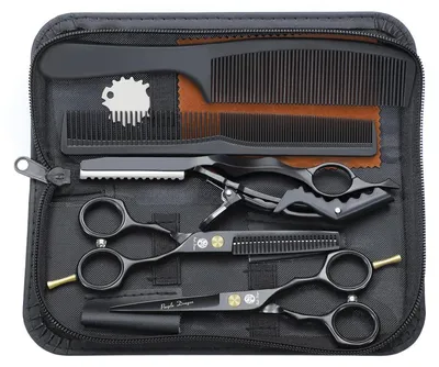 Produktbild von Haarschere Friseurschere Set 14 cm 440C Edelstahl Effilierschere Zubehör Schwarzes Etui