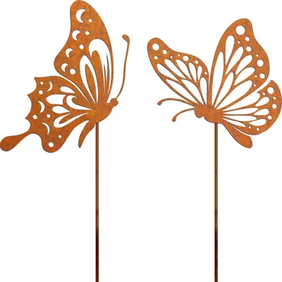 Productafbeelding van Metalen tuinprikkers met een roestige vlinderfiguur, 2 stuks, geschikt voor tuin en terras