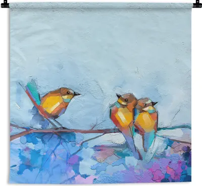 Produktbild von MuchoWow® Wandteppich Wandbehang Gemälde - Ölfarbe - Vogel - Zweig 150x150 cm Tapisserie Dekoration Wandtuch - Wohnaccessoires - Modernes