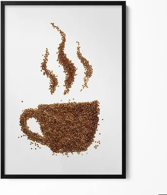 Produktbild von Tasse Kaffee mit Bohnen– Wandbild mit Rahmen – Gerahmtes Bild  – Wanddekoration – 70x100 cm –  Schwarz Rahmen